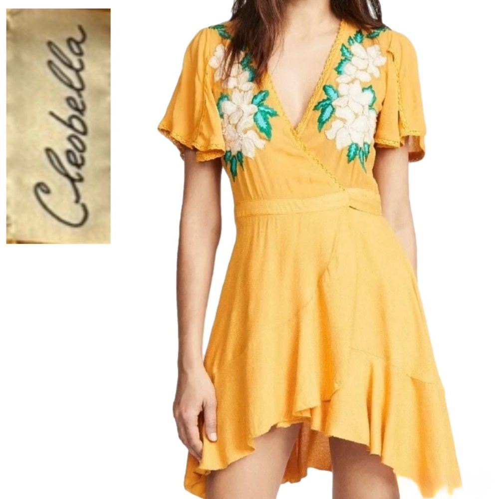 Cleobella Lillian Embroidered Wrap Mini Dress Marigold Yellow S Cottagecore Boho